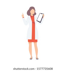 Female Doctor Character Raising Up Her Finger Giving Advice, Professional Medical Worker Holding Clipboard Vector Illustration Vector illustration