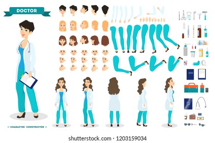 Female doctor character set for the animation with various views, hairstyle, emotion, pose and gesture. Medical equipment. Hospital worker in uniform. Isolated vector illustration in cartoon style