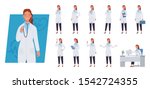 Female doctor character set. Different poses and emotions. Vector illustration in a flat style