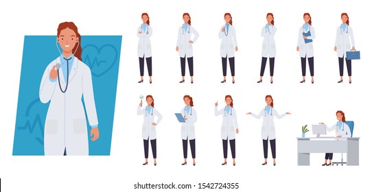 Female doctor character set. Different poses and emotions. Vector illustration in a flat style