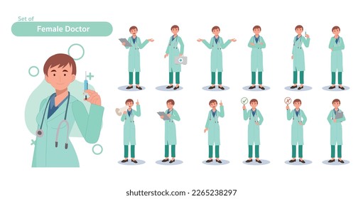 Female doctor character set. Different poses and emotions. Flat Vector illustration 