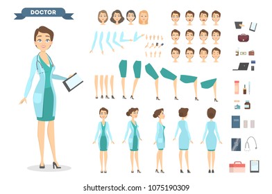 Female doctor character set with poses and emotions.