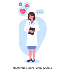 Female doctor character. Therapist or paramedic, medical clinic professional female worker flat vector illustration. Healthcare and medicine employee