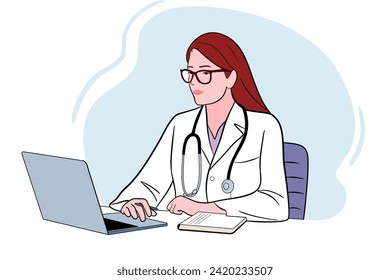Female doctor character utilizing laptop for efficient medical practice, integrating technology into her work, enhancing patient care and support.