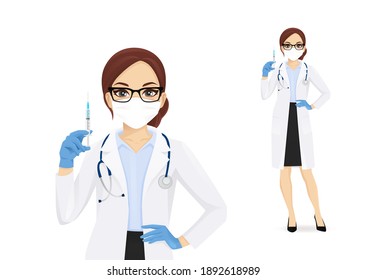 Female doctor character wearing protective medical mask and gloves holding syringe in hand isolated vector illustartion