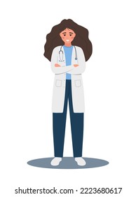 Female doctor character. Woman in medical uniform and stethoscope with hands crossed. Smiling therapist or paramedic. Vector illustration in flat cartoon style.