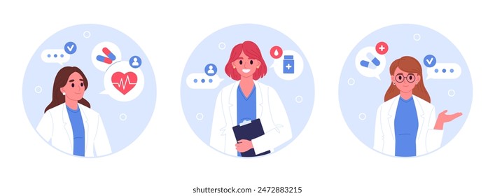 Personajes femeninos de doctor. Los avatares de la clínica en línea de los médicos, los trabajadores profesionales de la clínica médica presentan el conjunto de Ilustración vectorial plana. Concepto de salud y medicina