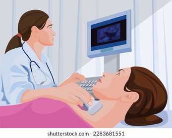 female doctor checking a young girl, a woman getting examined by a medical person in a modern clinic