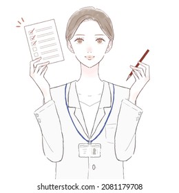 Female doctor with checklist. On white background.