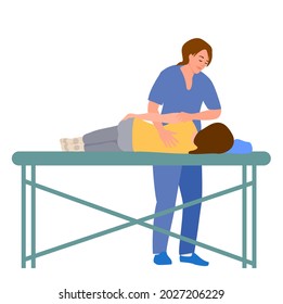 Female doctor chiropractor or osteopath fixing lying womans back with hands movements during visit in manual therapy clinic. Professional chiropractor during work. Vector illustration