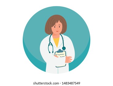 Female doctor in circle. Medical expertise. Vector illustration.