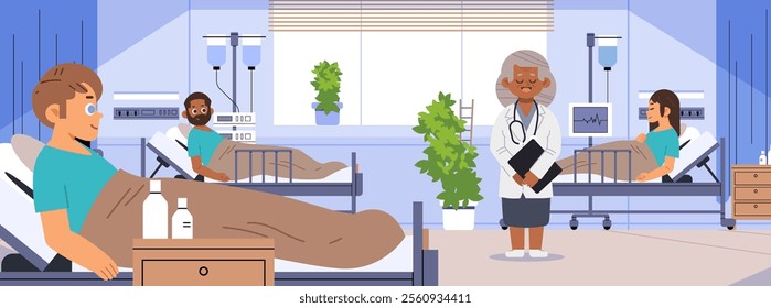 Female doctor in clinic room with patients. People in hospital beds are glad have therapist flat vector illustration