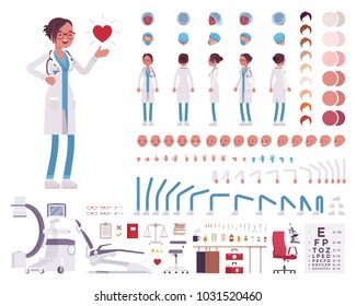 Female doctor, clinic uniform character creation set. Full length, different views, emotions, gestures. Medicine, healthcare concept. Build your own design. Vector illustration