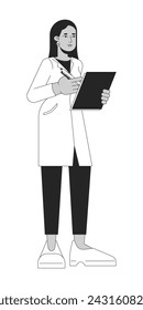 Female doctor with clipboard black and white 2D line cartoon character. Healthcare worker. Woman medical specialist isolated vector outline person. Lab assistant monochromatic flat spot illustration