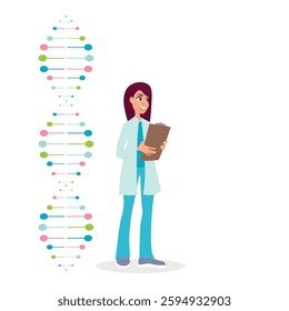 Female doctor with clipboard and DNA structure. Vector illustration in flat style