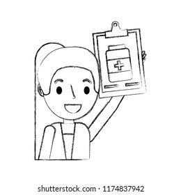 female doctor with clipboard pharmacy bottle