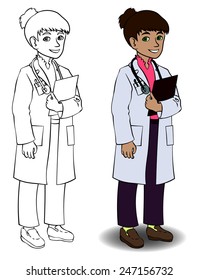 Female doctor with a clipboard. Vector clip-art. Physician with stethoscope smiles.