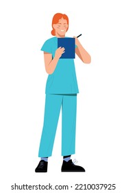 Female doctor concept. Young girl in blue uniform takes notes in notebook, writes down patients complaints and forms schedule, chooses best treatment method. Cartoon flat vector illustration