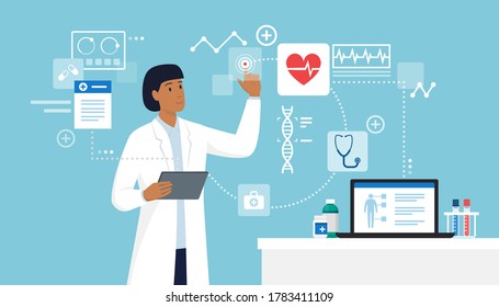 Female doctor connecting with a digital tablet and interacting with a virtual user interface, innovative healthcare and technology concept