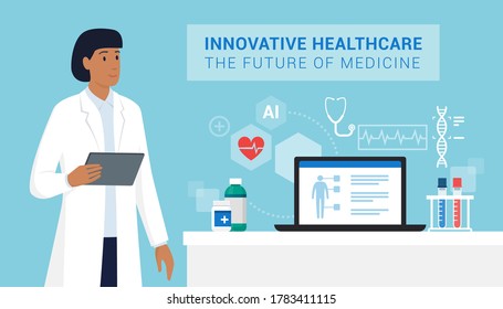 Female doctor connecting with a digital tablet, laptop and medical equipment, innovative healthcare and technology concept