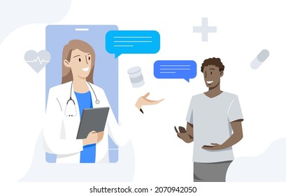 Female doctor consuling African male patients online via mobile phone. Healthcare and medical concept. Hand draw style. Vector illustration.