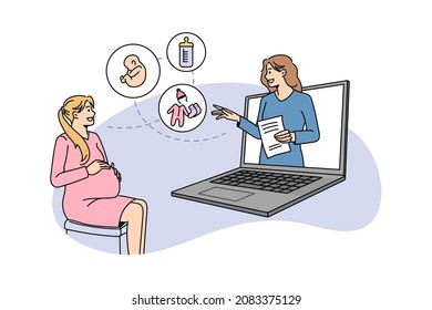 Female Doctor Consult Pregnant Woman Online On Computer. Happy Mom To Be Have Webcam Consultation With Gynecologist, Talk Speak On Video Call Virtual Event On Lockdown. Flat Vector Illustration.