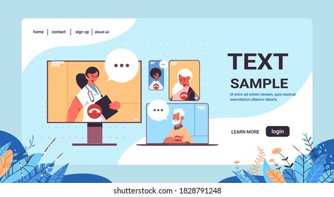 female doctor consulting mix race patients during video call online medical consultation healthcare medicine concept horizontal portrait copy space vector illustration