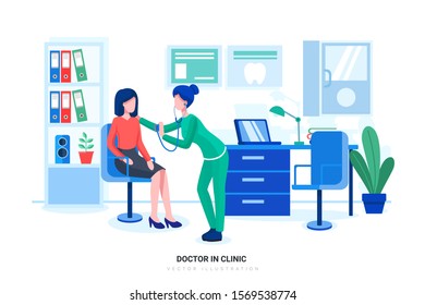 Female Doctor Consulting Patient In Clinic. Can Use For Web Banner, Infographics, Hero Images. Flat Style Color Modern Vector Illustration.