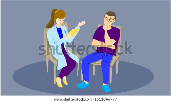 female doctor counseling her male patient worried  about the bad result of his check up. Sitting on chairs.  Vector cartoon in blue grey background. Vector characters.