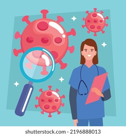 female doctor with covid19 particles
