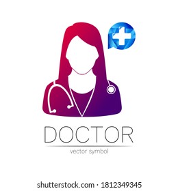 Female Doctor And Cross In Blue Circle Vector Logotype. Medicine Identity And Concept. Logo For Clinic, Medical, Pharmacy, Online Chat, Business, Health Care. Silhouette In Violet Gradient Color
