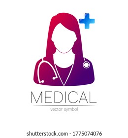 Female doctor and cross vector logotype. Medicine identity and concept. Logo for clinic, medical, pharmacy, online chat, business, health care. Silhouette in violet, blue gradient color on white.