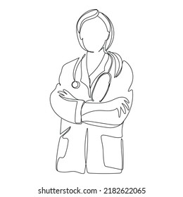 Female doctor with crossed arms Continuous line drawing vector illustration isolated on white background, Female doctor with stethoscope minimalist design.Health worker