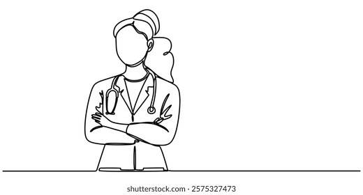 female doctor with crossed arms continuous one line drawing, Single continuous line drawing a female doctor standing confidently with her arms crossed. Vital role of women in the medical field. Nation