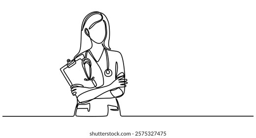 female doctor with crossed arms continuous one line drawing, Single continuous line drawing a female doctor standing confidently with her arms crossed. Vital role of women in the medical field. Nation