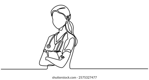 female doctor with crossed arms continuous one line drawing, Single continuous line drawing a female doctor standing confidently with her arms crossed. Vital role of women in the medical field. Nation