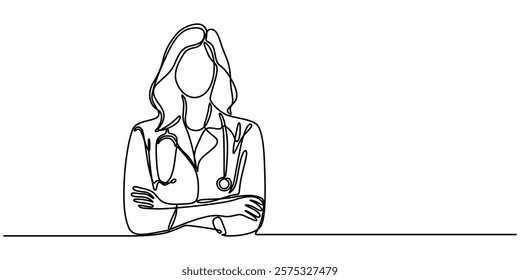 female doctor with crossed arms continuous one line drawing, Single continuous line drawing a female doctor standing confidently with her arms crossed. Vital role of women in the medical field. Nation