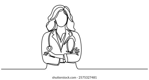 female doctor with crossed arms continuous one line drawing, Single continuous line drawing a female doctor standing confidently with her arms crossed. Vital role of women in the medical field. Nation