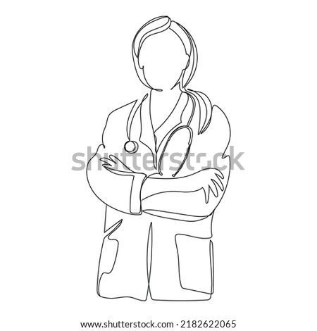 Female doctor with crossed arms Continuous line drawing vector illustration isolated on white background, Female doctor with stethoscope minimalist design.Health worker