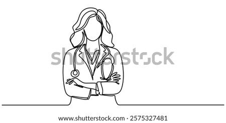 female doctor with crossed arms continuous one line drawing, Single continuous line drawing a female doctor standing confidently with her arms crossed. Vital role of women in the medical field. Nation