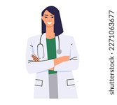 The female doctor crossed her arms. Portrait of a medical worker in a white coat with a stethoscope. Confident woman smiling and folded her hands. Flat vector isolated on white.