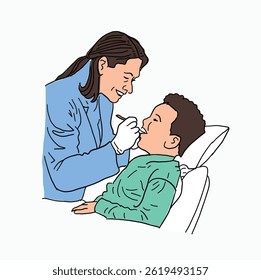 female doctor dentist checking boy teeth. Cartoon Style Illustration