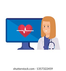 female doctor with desktop and heart cardio telemedicine service