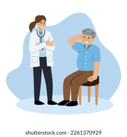 Female doctor is diagnosing elderly male patients.