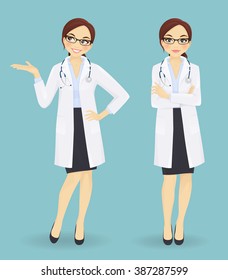 Female doctor in different poses on blue background. Standing arms crossed and showing looking up