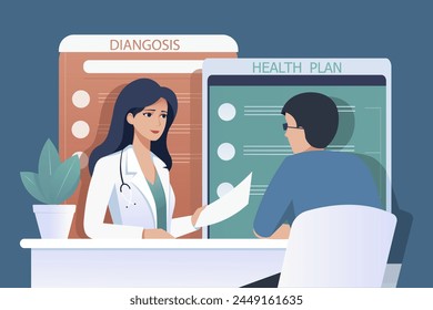 A female doctor discussing a health plan with a male patient, vector illustration on a blue background, medical consultation concept. Vector illustration