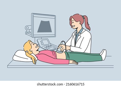 Female Doctor Do Ultrasound Examination For Small Girl In Hospital. Woman Therapist Or Pediatrician Make Checkup Perform Organs Scanning To Teen Kid In Clinic. Healthcare. Vector Illustration. 