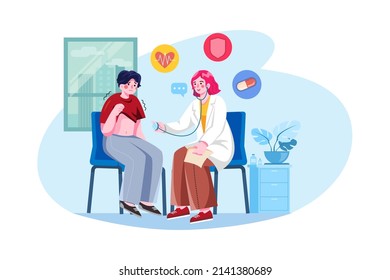 A female doctor doing a checkup of the patient's Illustration concept. Flat illustration isolated on white background.