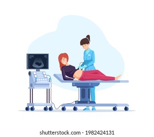 Female doctor doing ultrasound fetus screening to pregnant woman. Regular medical check up pregnancy. Future mother visit hospital for baby belly sonography scan at machine screen vector illustration