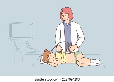 Female doctor doing ultrasound to girl child in hospital. Woman GP examine kid in clinic. Children checkup or examination. Vector illustration. 